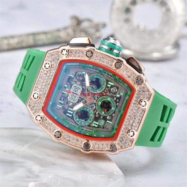 

2023 6 pin diamond automatic date watch limited edition men's watch brand luxury full function quartz watch silicone stra238r, Slivery;brown