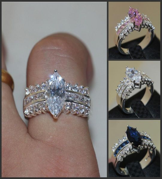 

luxury 925 sterling silver marquise cut pink blue white three colour diamond cz side stone rings wedding band ring finger jewelry 7347285, Slivery;golden