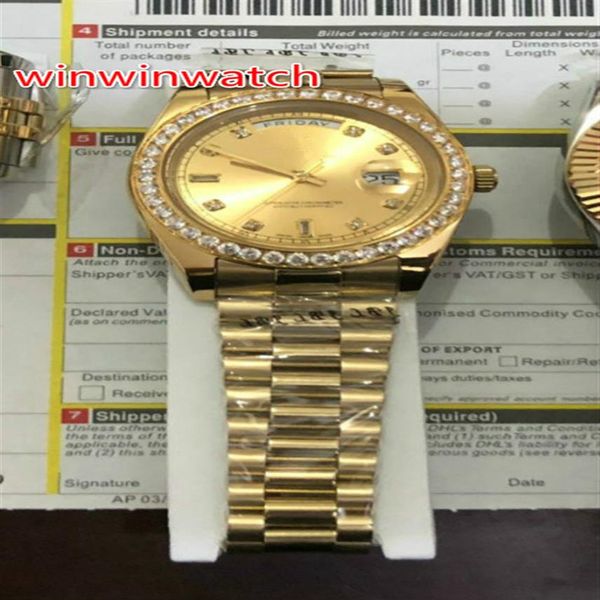 

diamond watch 40mm small diamond bezel gold face 316l steel asia movement automatic mens watch watches 195o, Slivery;brown