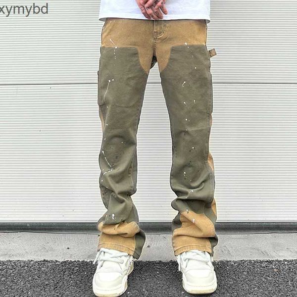 

men's jeans splash ink painted washed micro elastic denim logging pants men's patchwork baggy y2k jeans oversized casual cargo tro, Blue