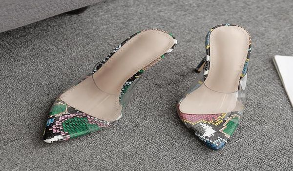 

simple fashionn ladies transparent clear heels mules design sandals green snake prints pvc patchwork stiletto heels2300524, Black