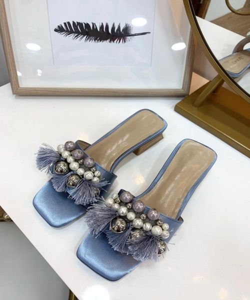 

women brand design chunky heel pearl slippers femal outdoor beautiful beading elegent slippers lady glitter tassel beach sl4143346, Black