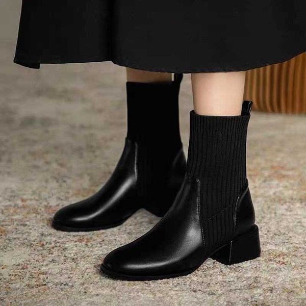 

genuine leather martin boots for women's summer and autumn slim short high heels thick square toe medium length elastic socks 230830, Black