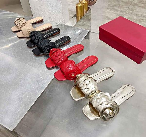 

new women slippers ladies flat heel slipper tide female slippers leather womens flower slides with box large size 3548847840, Black
