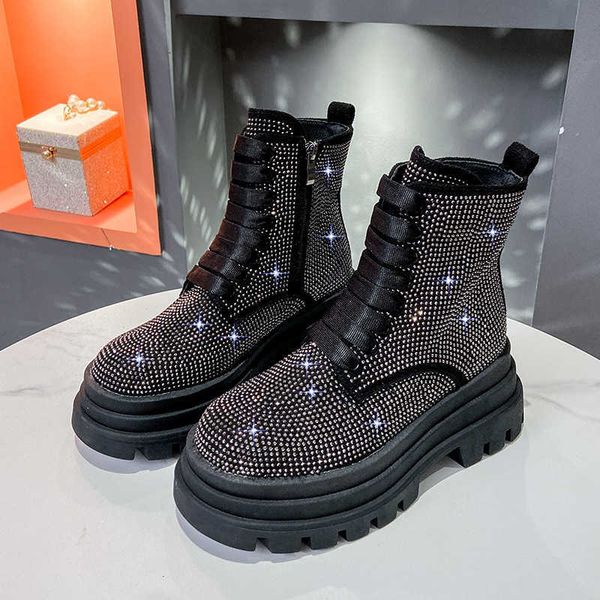 

women full sky star water diamond martin boots women's autumn new big head thick heel lace up short 230830, Black