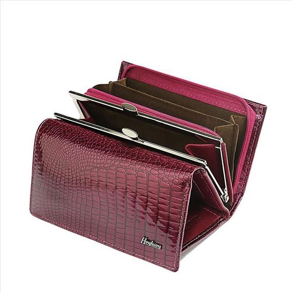 

women genuine leather alligator short wallet female zipper hasp large capacity crocodile calf leather small purse311y, Red;black