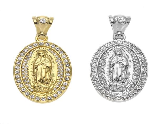 

iced out oval virgin mary pendant hip hop jewelry alloy bling rhinestone crystal golden silver necklace cuban chain7763415