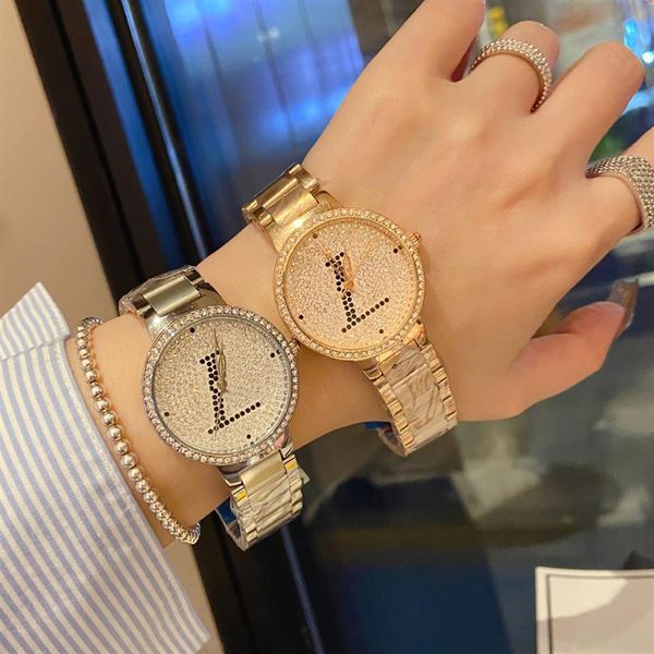 

fashion full brand wrist watches women ladies girl crystal big letters style luxury metal steel band quartz clock l85222u, Slivery;brown