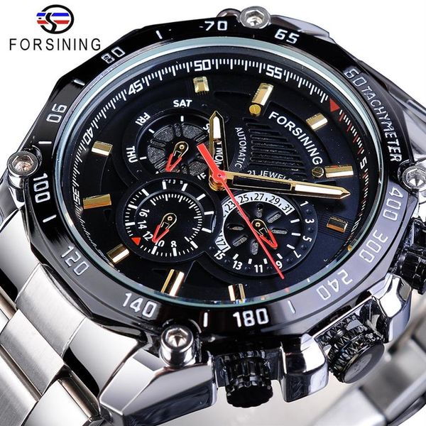 

forsining sport style men's mechanical watches black automatic 3 sub dial date stainless steel belts outdoor military wristwa243i, Slivery;brown