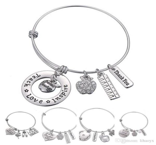

love inspire teach white crystal apple ruler bracelet stainless steel pendant bangle jewelry gift teacher friend dlh2043066881, Golden;silver