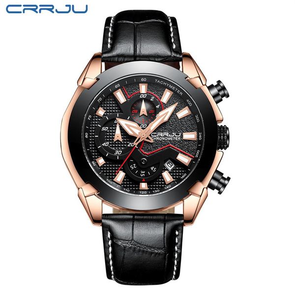 

crrju men's chronograph quartz watch men luxury date luminous waterproof watches leather strap dress wristswatch erkek kol sa227q, Slivery;brown