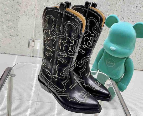 

5a boots ganni 5739420 low shaft embroidered western iconic calfskin ankle boot discount desinger shoes for women size 35-40 fendave, Black