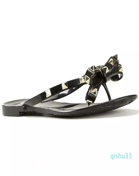 

women sandals flat jelly shoes bow v flip flops stud beach shoes summer rivets slippers thong sandals nude9529918, Black