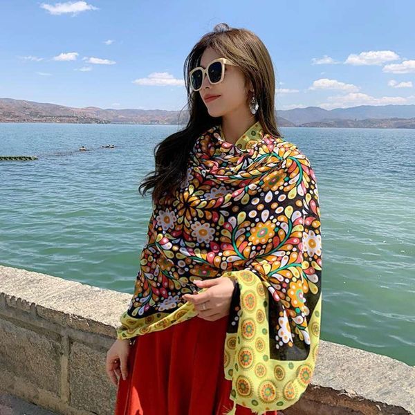 

beach scarf shawl yellow gauze cotton linen sunblock long dual use super large national style resort pgraph, Blue;gray