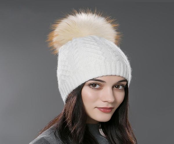 

winter fur pompom hat for women cashmere wool cotton hat big real raccoon fur pompom beanies cap fox fur bobble hat5292818, Blue;gray