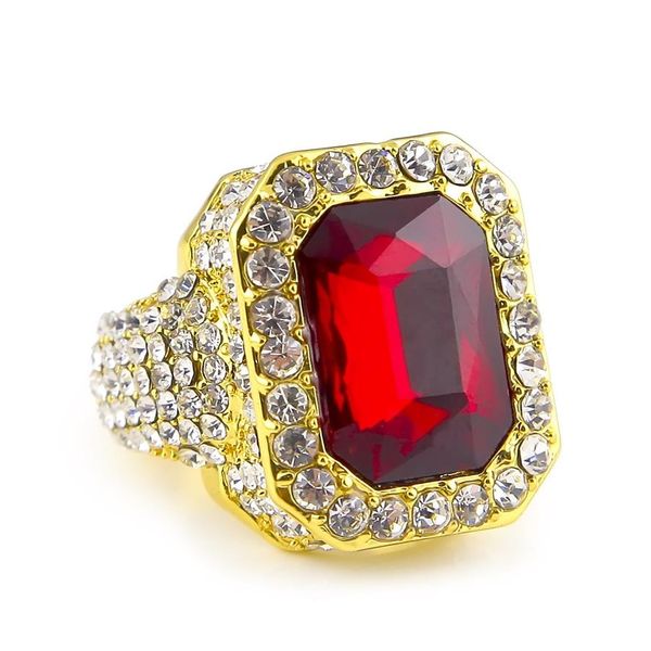 

mens hip-hop full diamond rings micro pave crystal big red black green blue stone square gold silver color ring294k, Golden;silver