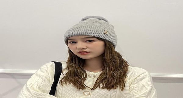 

beanieskull caps fashionable winter designer bonnets ladies knitted woolen hat allmatch warmth with comfortable fur ballbeanies5534093, Blue;gray