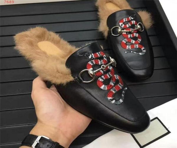 

designer new genuine leather loafers fur muller slipper with buckle fashion women men princetown ladies casual furs mules flats si4128149, Black