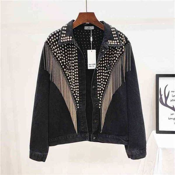 

spring summer woman denim coat beading rivet vintage boyfriend style jacket female chic fashion long sleeve 210603, Black;brown