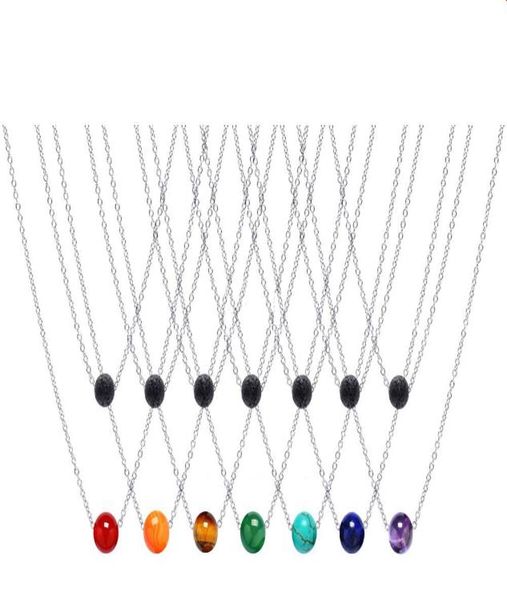 

double layers stainless steel chian 10mm natural 7 chakras stone 8mm black lava bead aromatherapy essential oil diffuser necklace8344101, Silver