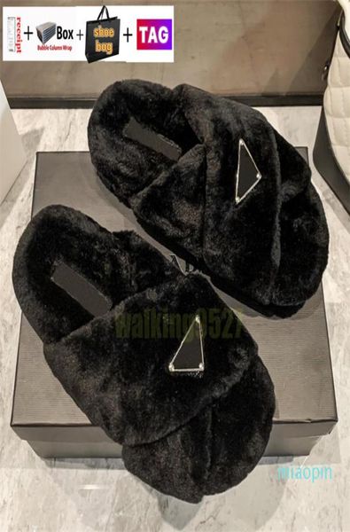 

luxury wool slides designer slippers soft warm fur enameled triangle crossover fashion women shoes black white begin with original8841265