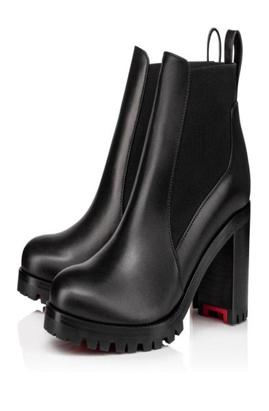 

nice trendy lug sole high heels boots women's black calf & leather ankle booty winter famous party wedding dress eu35-438405272