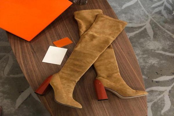 

fashion brand womens over the knee boots martin ladies chunky high heel 10cm pointed toes 22 inch stretch suede booties1182915, Black