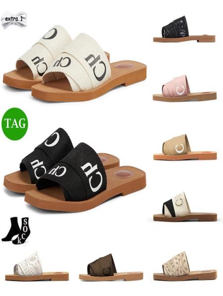 

designer woody sandals for women mules flat slides light tan beige white black lace lettering fabric canvas slippers womens summer7755630