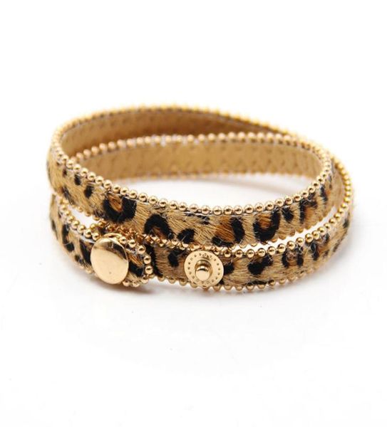 

fashion leopard leather bracelet bangle adjustable double layer snap button wrap bracelets horse hair women elegant jewelry for gi7305091, Golden;silver