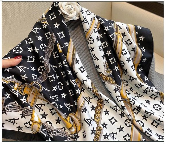

2style luxury brand classic simple letter flower design satin luxury square scarf outdoor shawl silk turban beach wrap fashion wom6523971, Blue;gray