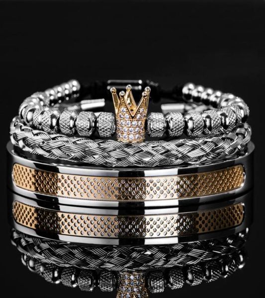 

luxury set handmade men crown bracelets contrast colour bangles hemp rope buckle open stainless steel micro pave cz jewelry8338230, Golden;silver