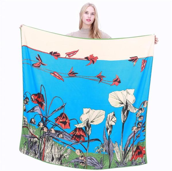 

new hijab fashion shawls twill silk scarf women 130cm square scarves floral printing kerchief female headband scarfwraps1981954, Blue;gray