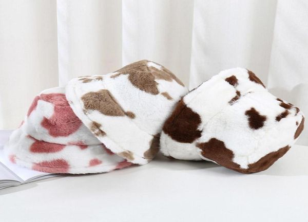 

wide brim hats thick warm cow printed women winter plush female panama bucket hat faux fur fisherman039s cap casual outdoor fur9597867, Blue;gray