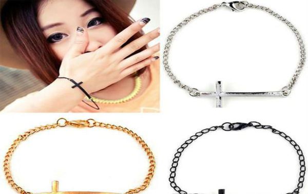 

bracelets bangles for women men korean metal cross simple charm bracelet 3 colors silver gold black infinity charm bracelets8540812, Golden;silver