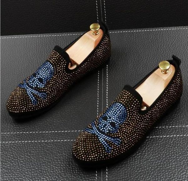 

gold rhinestone crystal loafers men slippers tooth pendant male039s flat for wedding dress moccasins casual shoes7702377, Black