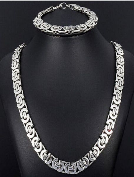 

new style jewlery set 8mm silver tone flat byzantine chain necklace bracelet 316l stainless steel bling for fashion mens xmas gi6359998