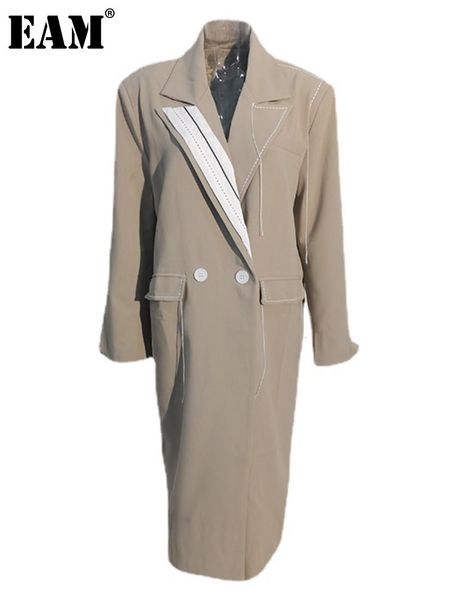 

womens trench coats eam women khaki titched big size long lapel sleeve windbreaker fashion spring autumn 20a35040 230904, Tan;black