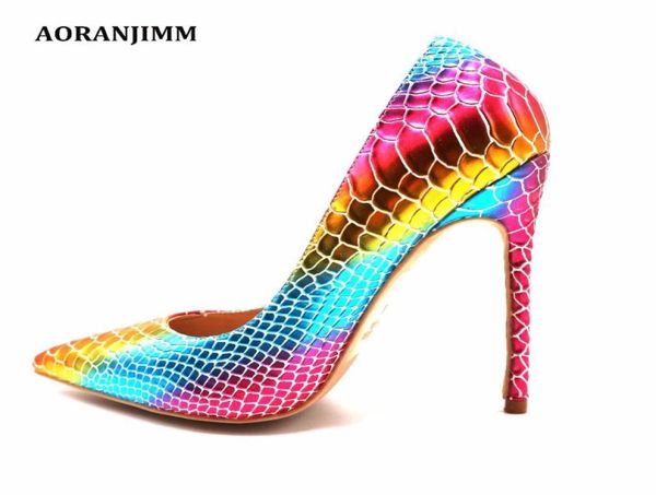 

real pic aoranjimm outstanding colorful python snake pointed toe women lady 120mm 10cm high heel shoes5718523, Black