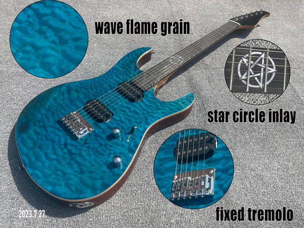

electric guitar wave blue flame hh pickups no rings fixed tail 2 pots 3 way blade swtich star circle customized inlay ferrules flush with bo