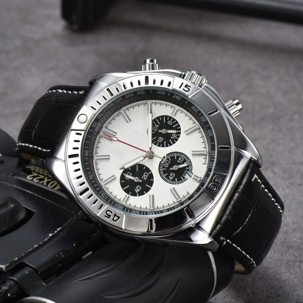 

2023 new mens watch quartz bretilin- luxury dial brand chronograph leather belt wristwatch transparent sapphire glass, Slivery;golden
