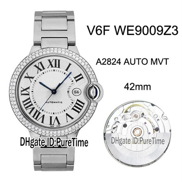 

new v6f we9009z3 eta a2824 automatic mens watch diamond bezel white textured dial black roman markers steel bracelet edition 305n, Slivery;brown