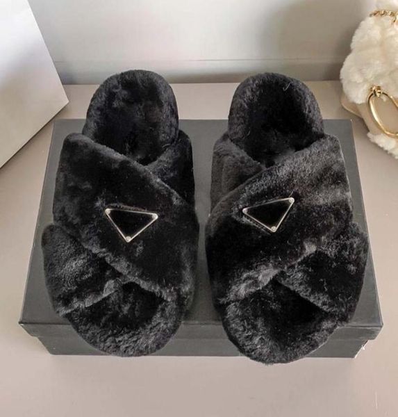 

2021 designer women slippers ladies fashion wool slides winter fur fluffy furry warm letters sandals comfortable fuzzy girl flip f1685860, Black