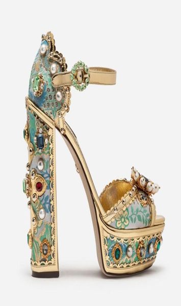 

2021 ladies diamond pearl embroider 14cm chunky high heel sandals 3cm flatform open peeptoes european american7104030, Black