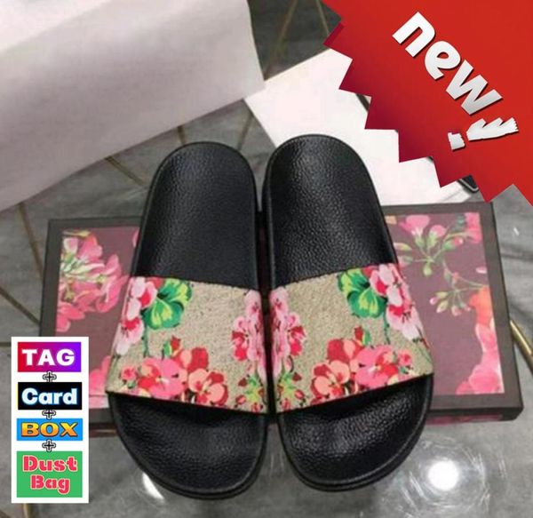 

men women slippers beach slides with box luxury slide summer flat slipper leather rubber sandals black floral canvas blue flowers 8723493