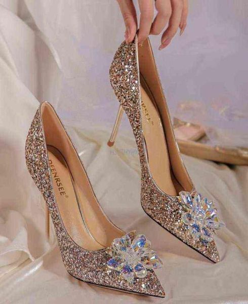 

2021 shoes rhinestone high heels women pumps pointed toe woman crystal party wedding shoes for women w2203079232477, Black