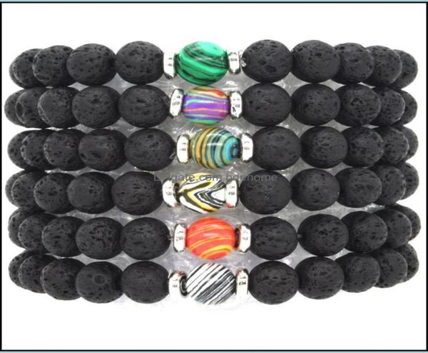 

charm bracelets 10 colors natural black lava stone beads elastic bracelet essential oil diffuser volcanic rock beaded hand strings1502998, Golden;silver