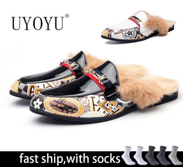 

slippers winter designer brand leather business autumn men half shoes men039s casual loafers fur luxury mules man slides slippe6654855, Black