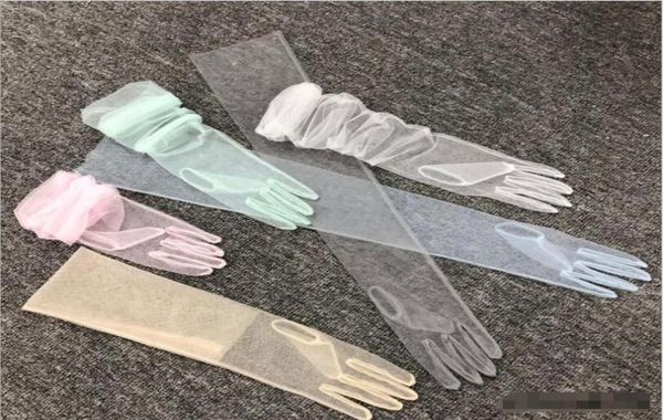 

five fingers gloves 70cm long diy tulle plain face bride dress transparent sexy1203987, Blue;gray