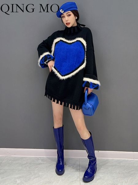 

womens sweaters qing mo spring autumn korean fashion trend high collar love knitted sweater streetwear women zxf452 230904, White;black