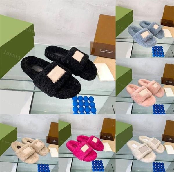 

designer fur slippers women slide merino wool slippers thick bottom light brown fashion apartment flat muller heel slipper winter 6155275, Black